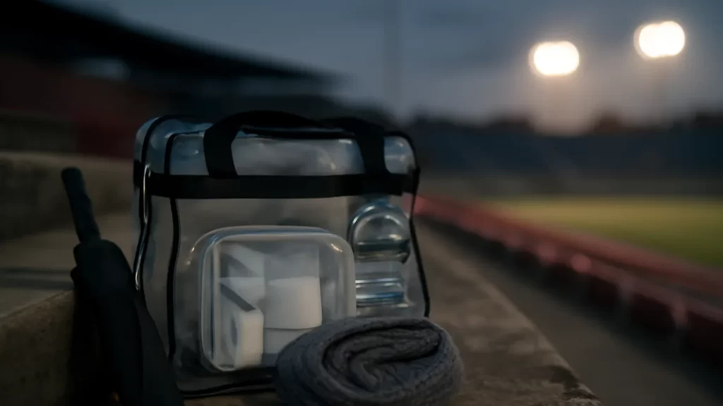 Choosing the right stadium bag: rules, risks and practical fixes Clear plastic bag with visible items on terrace step under floodlights.