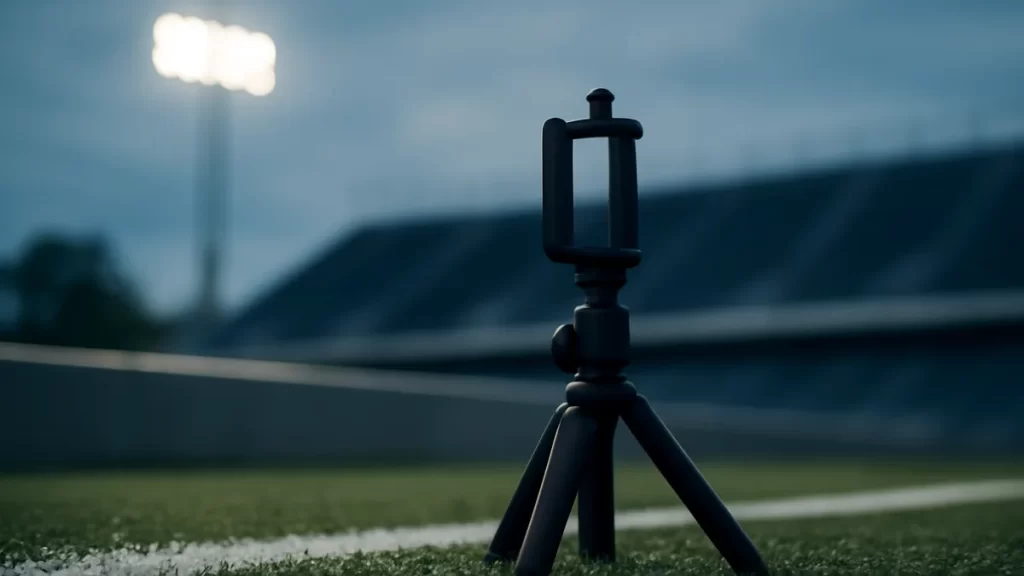 Compact tripod with phone clamp on turf near sideline under stadium lights