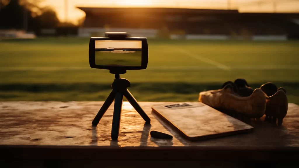 Smartphone on tripod records empty pitch, clipboard, USB stick, muddy boots