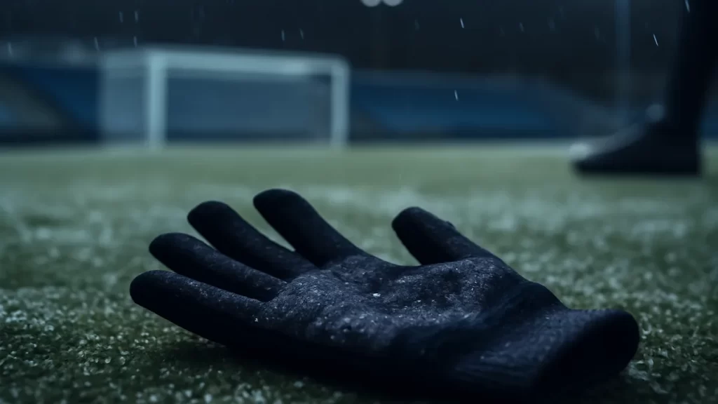 Wet winter training gloves on frost-specked artificial turf under floodlights