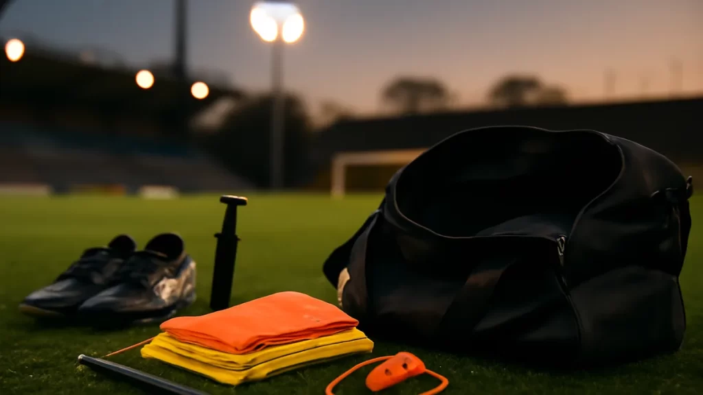 Coach’s kit bag: what to pack and why it matters Open kit bag with balls, bibs, whistle and cleats on wet pitch