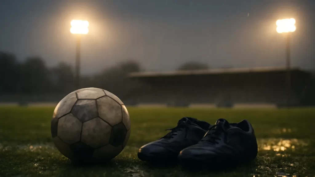 Scuffed football and boots on wet pitch under glowing floodlights, empty stands blurred