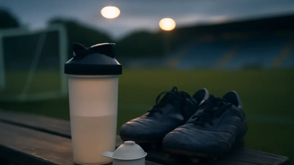 Football boots and scoop of white powder on bench by pitch.