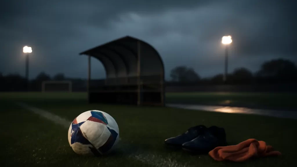 Rain-slick pitch with ball, boots and empty dugout at twilight