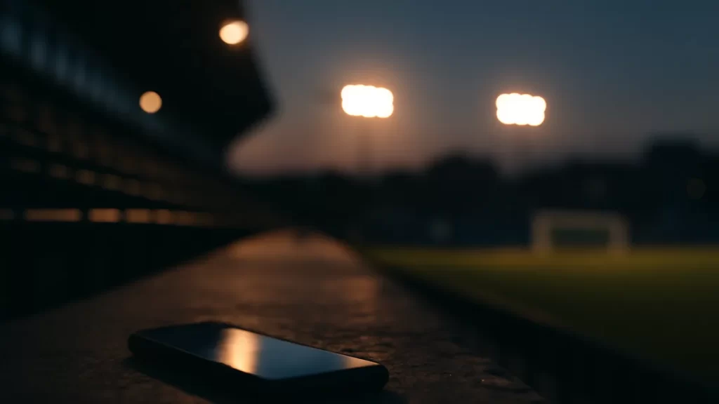 Data and eSIMs for a match trip: pick the right option Smartphone on stadium step at dusk, floodlights and empty goal blurred