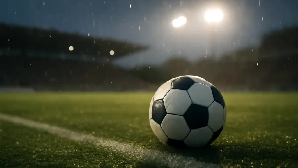 Football on wet pitch with blurred stadium lights and empty stands.