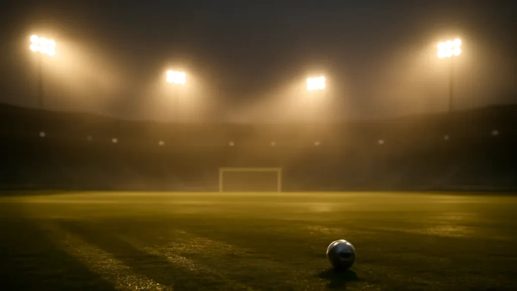 Empty floodlit stadium at dusk with a football on wet pitch.