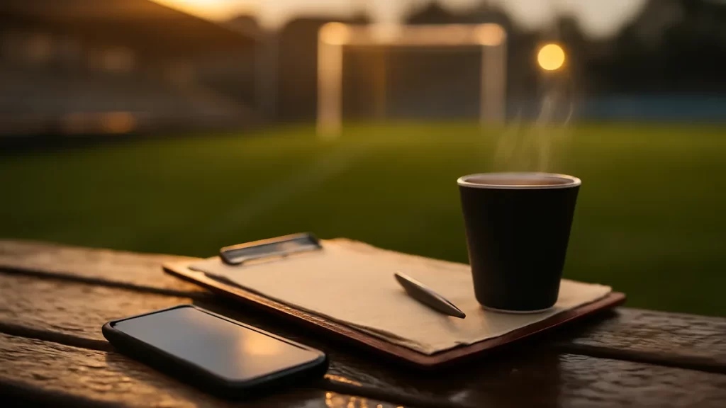 Essential team management apps for amateur clubs Smartphone, clipboard, coffee on dugout bench; blurred pitch and goalposts.