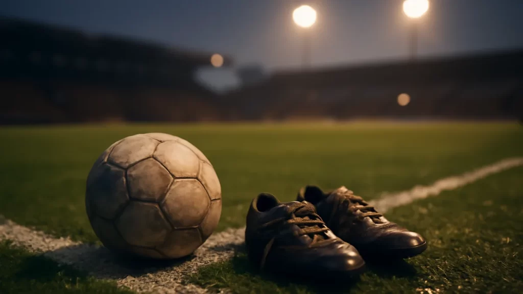 Worn football and scuffed boots on wet pitch under evening floodlights.