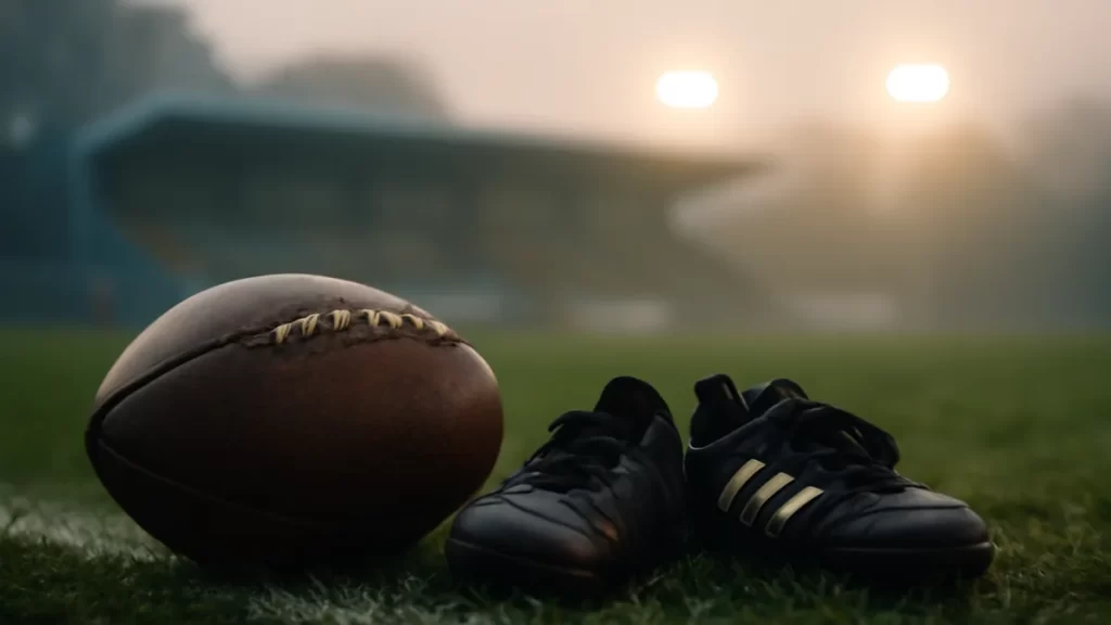 Football and boots on wet grass, empty stands and glow of floodlights.