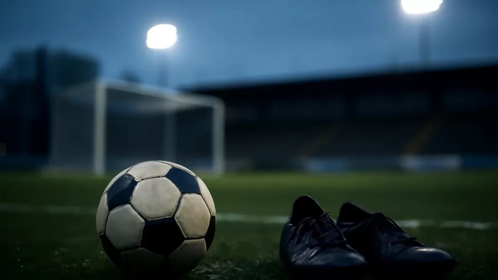 Worn boots and football by pitch, goal and empty stands blurred