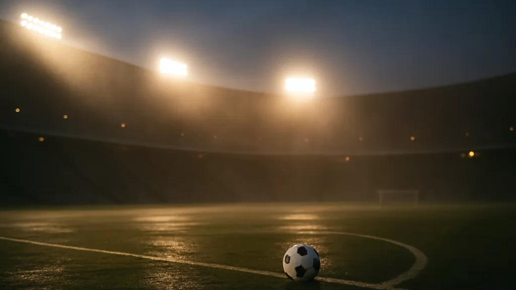 Wet pitch, lone football under floodlights in empty stadium bowl