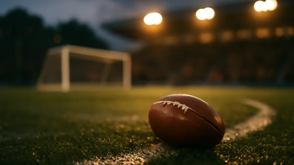 Football on wet pitch at dusk with empty goal and blurred stands