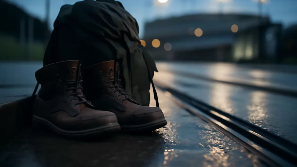 Scuffed boots and backpack by tram tracks, stadium lights blurred in dusk