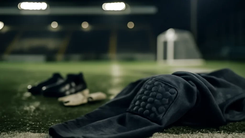 Goalkeeper kit beyond gloves: what to choose and why Padded goalkeeper jersey on goal line, boots and gloves on wet pitch