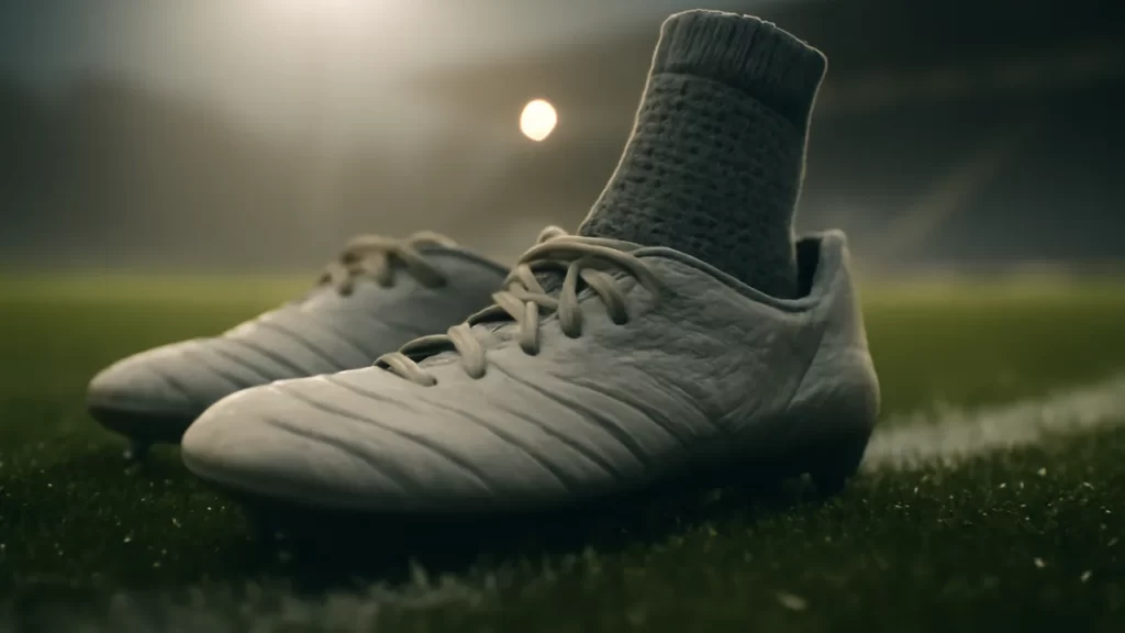 Cleats on grass showing a textured grip sock inside, stands blurred