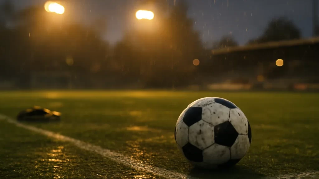 Damp match ball near penalty area under floodlights, empty stands blurred
