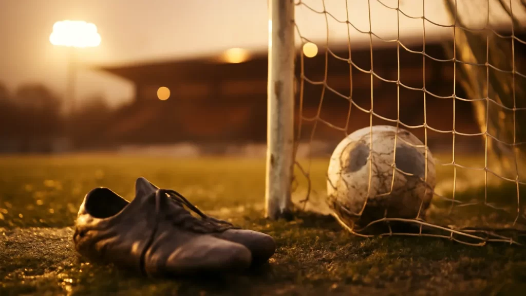 Hinata Miyazawa: Japan’s 2023 World Cup Golden Boot Winner Scuffed football in net, muddy boots on wet pitch, blurred floodlights.
