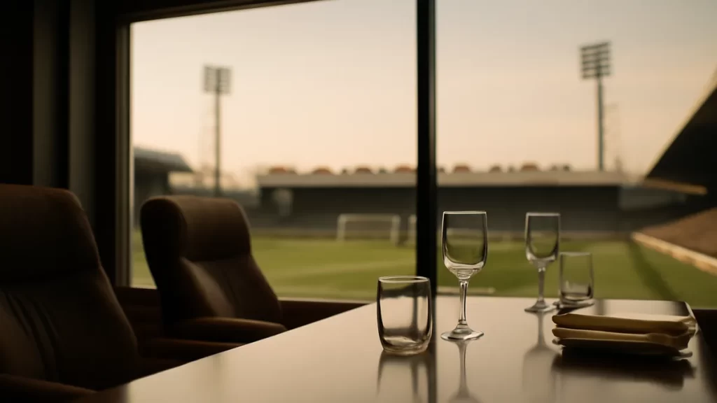Hospitality packages: choosing where they make sense Empty hospitality suite table set by window overlooking quiet pitch at dusk