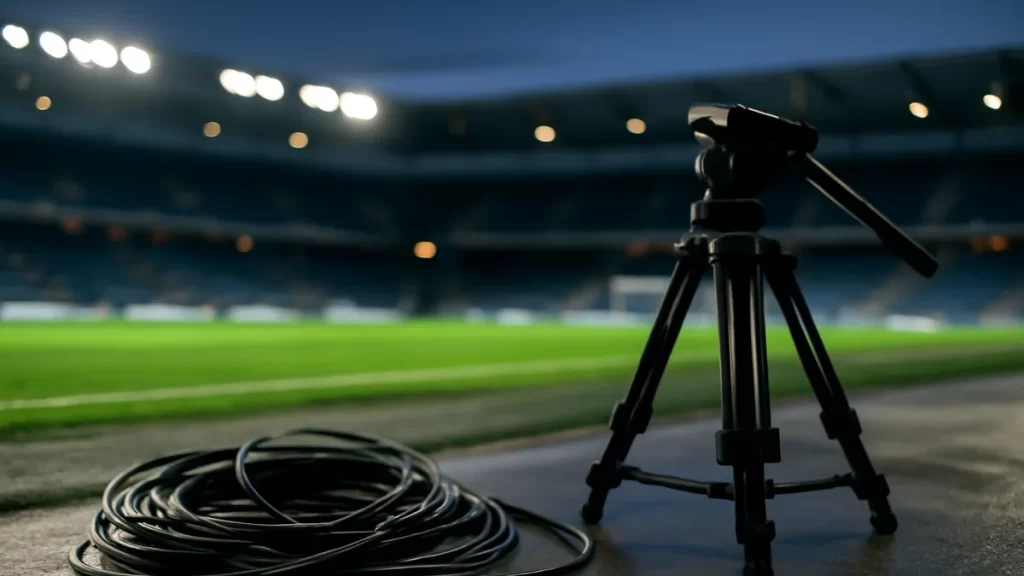 How broadcasting rights work — why a match may not be on TV Coiled broadcast cables and tripod beside floodlit empty football pitch.