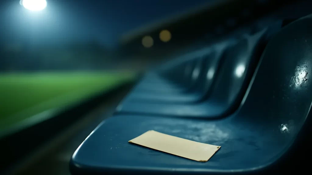 How to buy football tickets safely — a practical buyer’s guide Unbranded paper ticket on a wet stadium seat under floodlights