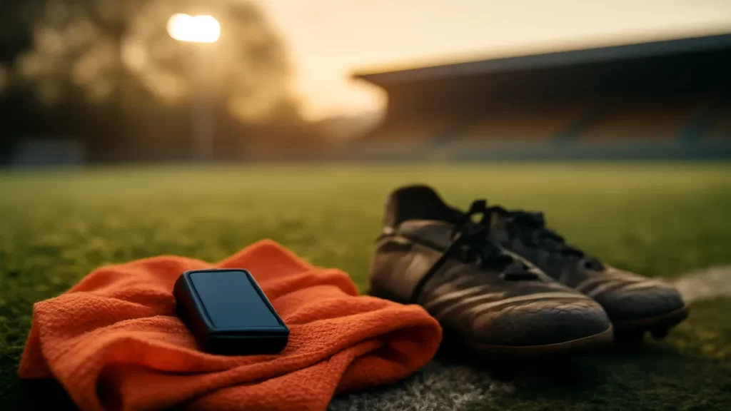 GPS unit on folded training vest beside scuffed football boots