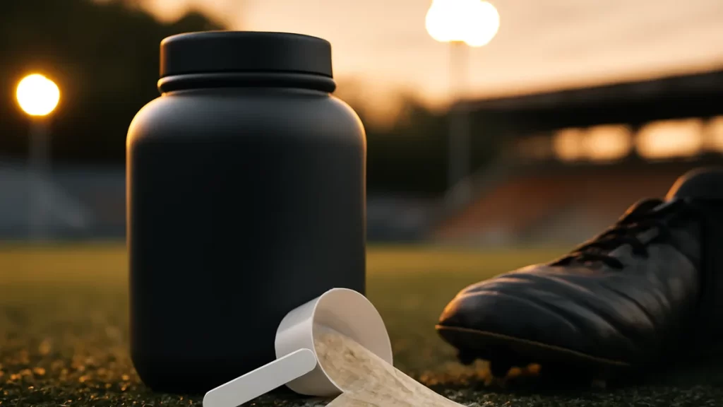 How to read a supplement label: a practical buyer’s guide Unbranded supplement tub, scoop spilling powder beside football boot on turf.