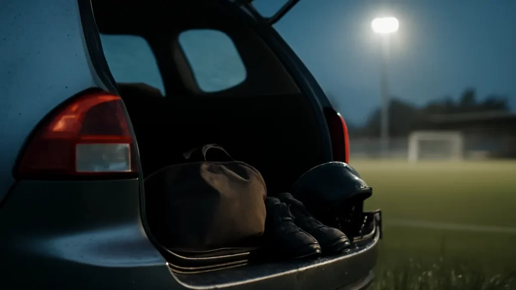 Insuring sports equipment: what to check before buying cover Open car boot by floodlit empty pitch with scattered football kit.