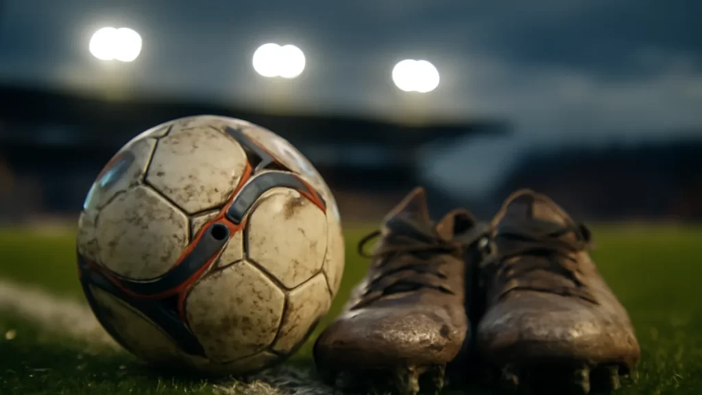 Scuffed football and muddy boots on wet pitch, floodlights glowing