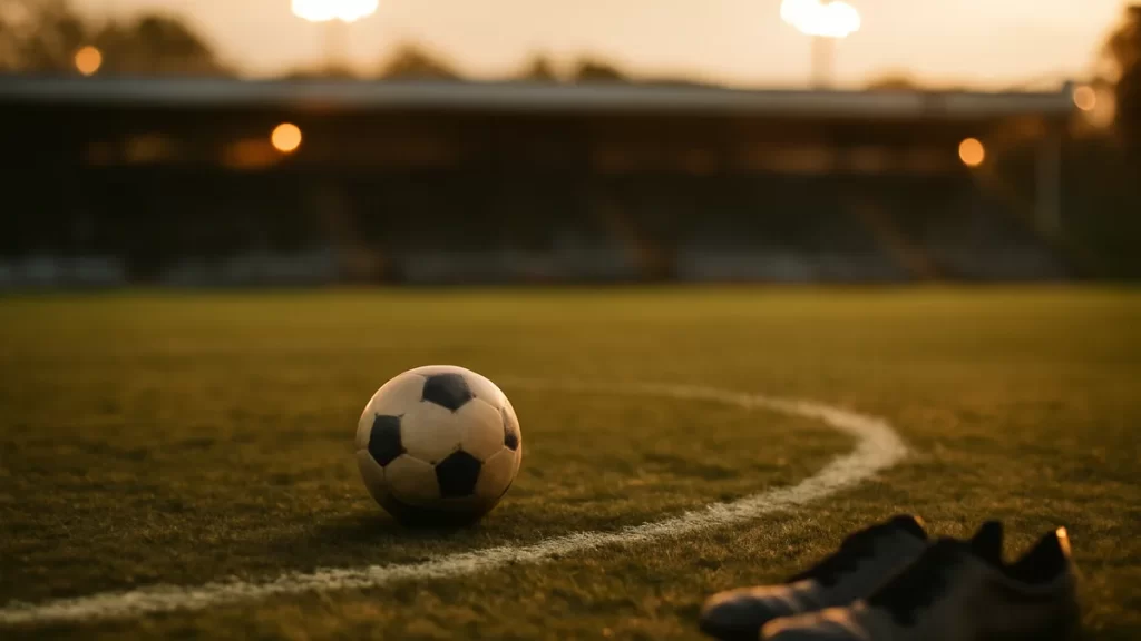 Match ball on centre circle, scuffed boots by sideline, floodlights glowing.