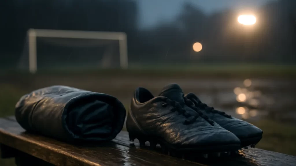 Layering for cold and wet training: a practical buying guide Wet football boots and a damp jacket on a sideline bench