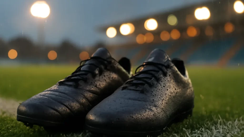 Leather vs synthetic uppers: how to choose football boots Two unbranded football boots on damp grass, blurred stadium lights
