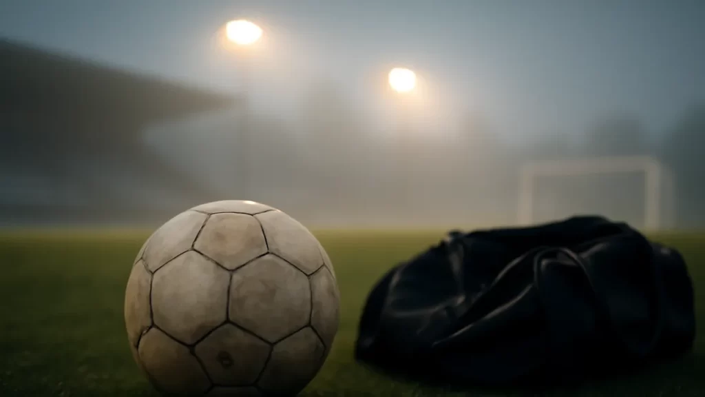 Looking after a football for a full season Worn football on wet grass by an open kit bag, goal net blurred