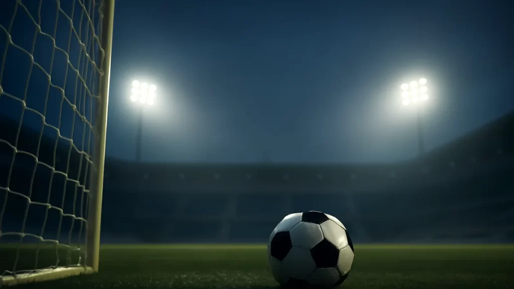 Lone football on wet grass with empty tiered stands and floodlights.
