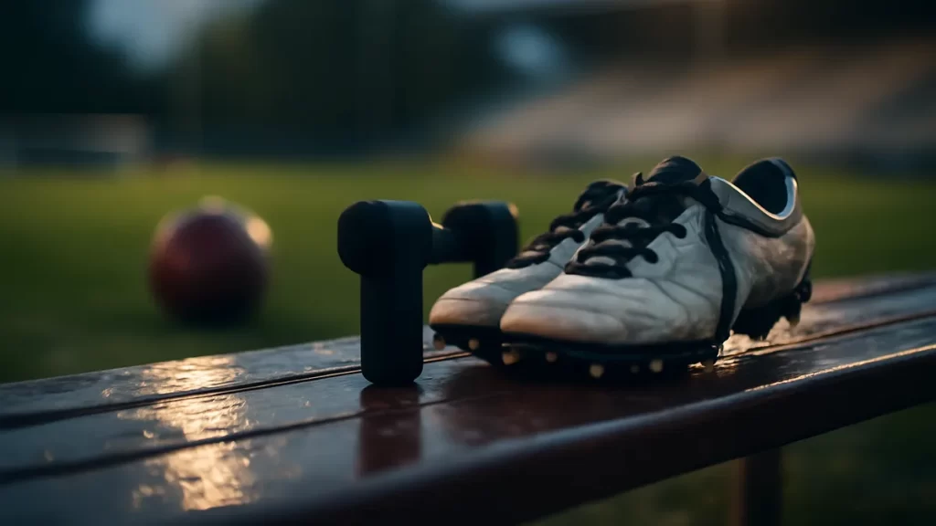 Massage guns: what they do, what they do not, and how to choose Worn football boots on bench with massage gun, floodlights and ball blurred