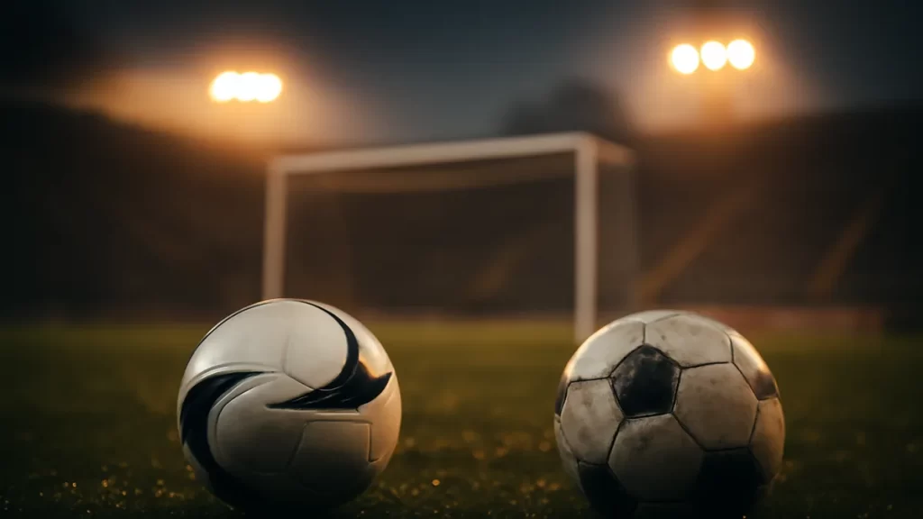 Match ball vs training ball: what to spend on and why Two footballs—pristine and scuffed—resting on wet grass near goalpost.