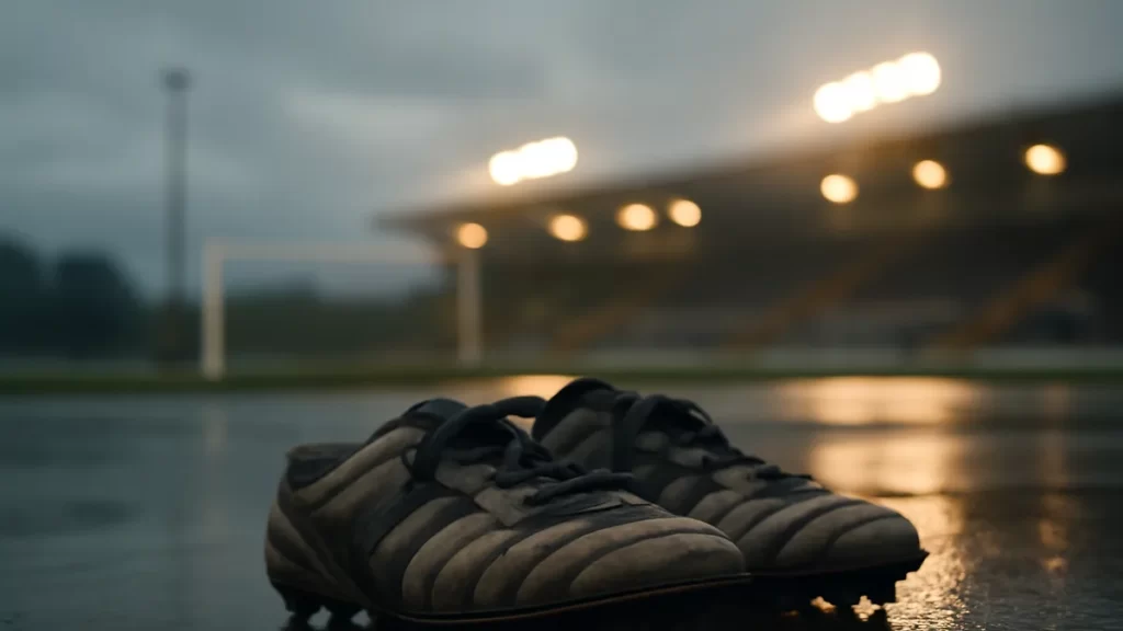 Match weekend hotel: a practical buyer’s guide Worn boots on wet pavement with floodlit empty stadium blurred
