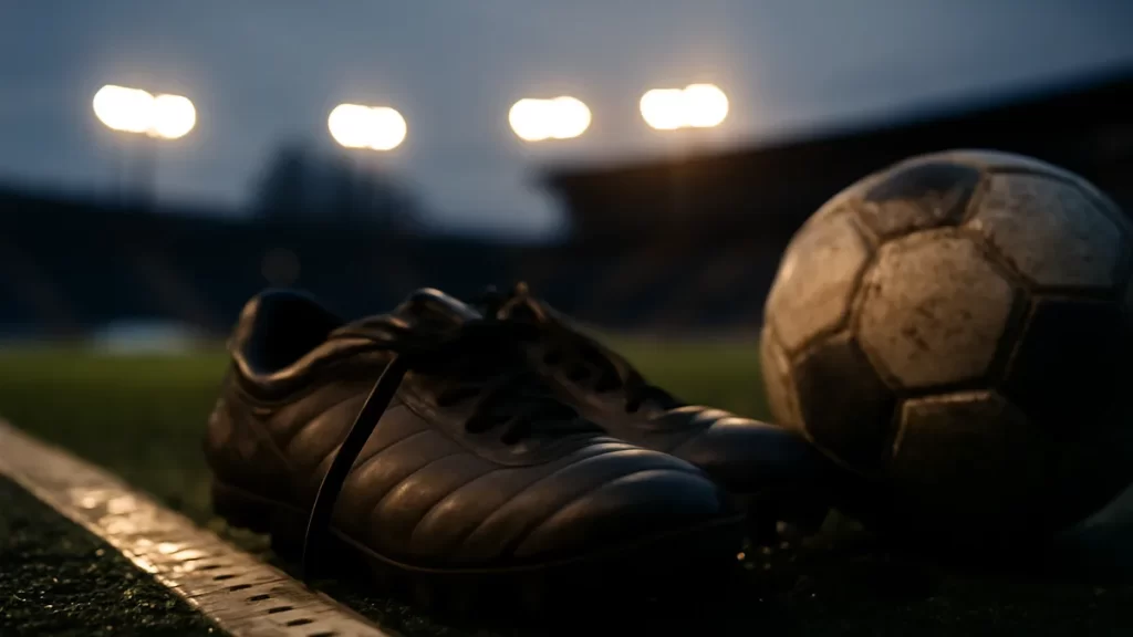 Football boots on wet turf with blurred measuring tape and scuffed ball.