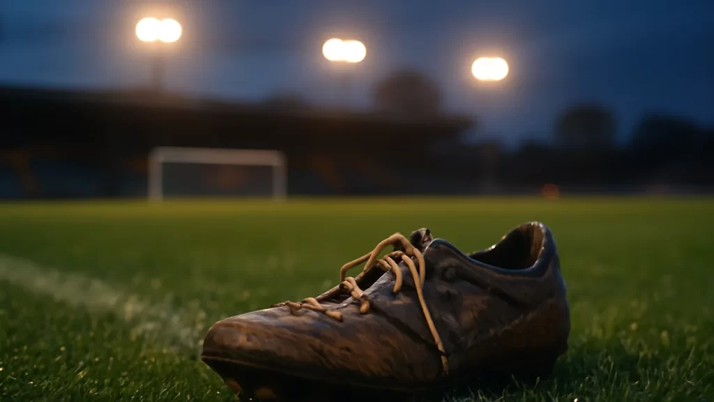 Mouthguards: choosing between boil‑and‑bite and custom options Mud-speckled football boot on dewy pitch, floodlights and goal blurred