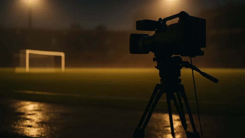 NWSL adds Sunday night streams on Roku Sports Channel Broadcast camera silhouette, floodlit wet pitch, empty goal and blurred stands