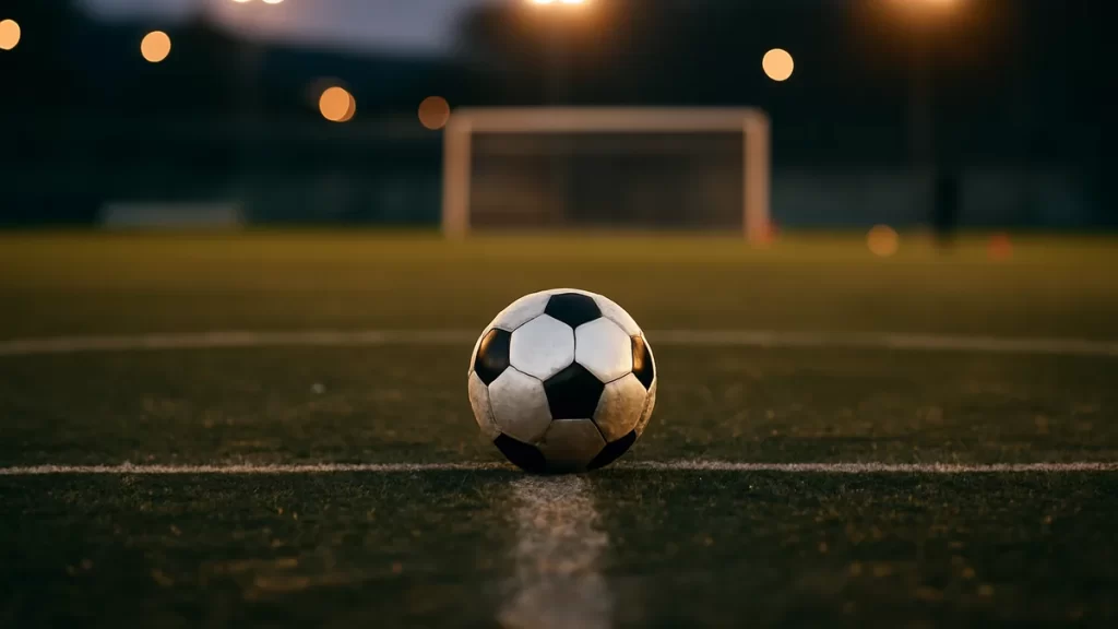 Olivia Moultrie: prodigy, pioneer and player Football on wet centre circle at dusk under floodlights, empty stands blurred.