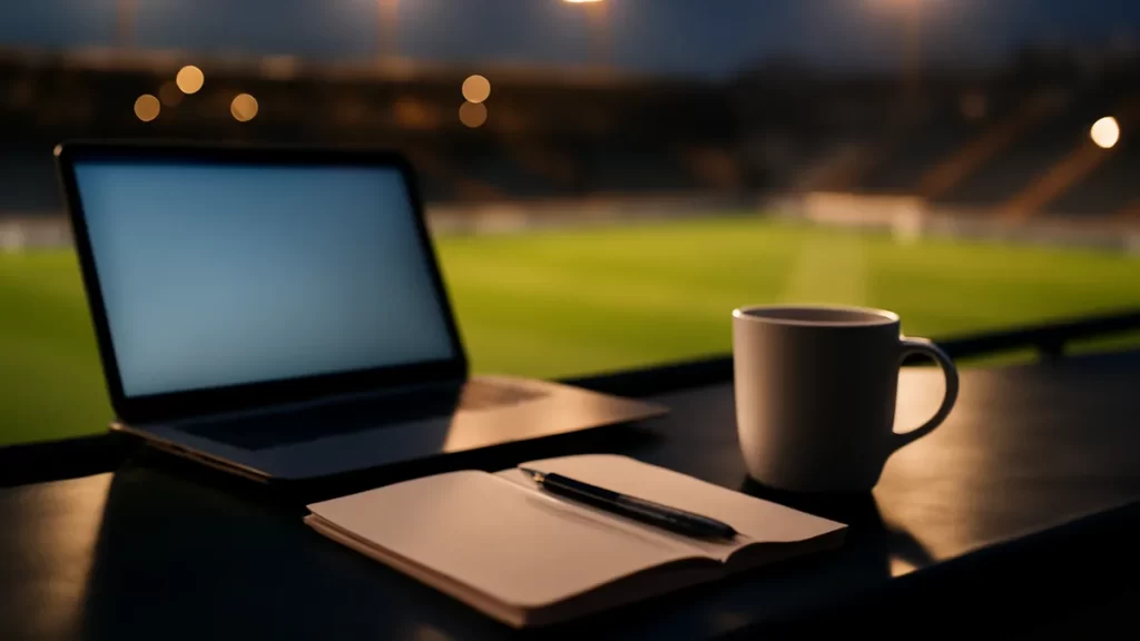 Paid analysis and newsletters: pick by trade-offs and terms Empty press table with laptop, notebook, mug and floodlit pitch