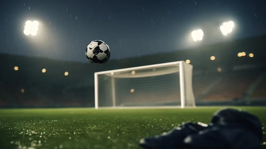 Payment methods and withdrawal times: choosing by speed and risk Football mid-air toward illuminated goal net on rain-slick pitch.