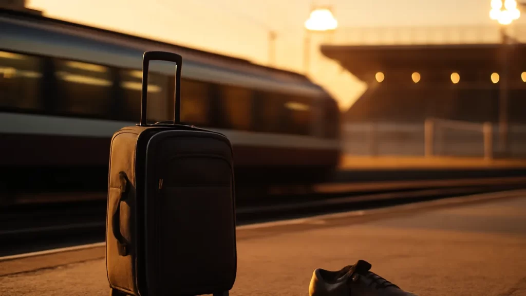 Planning a multi‑match trip: deciding what matters most Suitcase and scuffed football boot on platform with distant floodlit stadium
