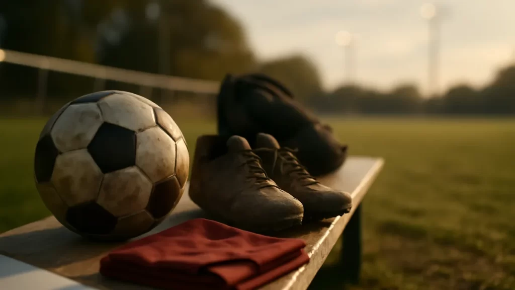 Planning a season of youth sport: what to expect to pay Scuffed youth boots, ball and folded kit on an empty sideline bench.