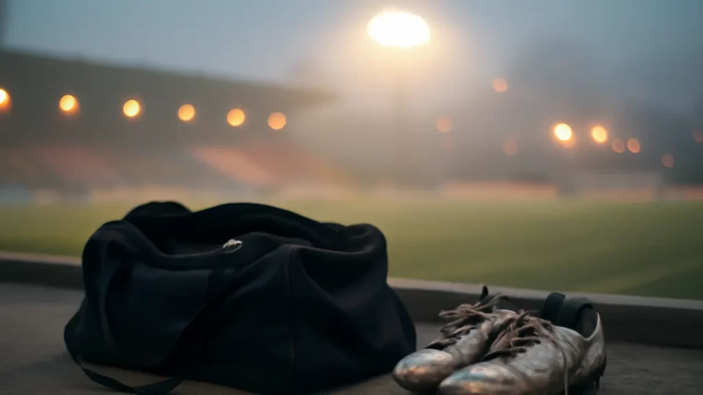 Planning a tournament trip abroad: what to spend on and why Open travel bag and football boots on terrace overlooking empty floodlit pitch.