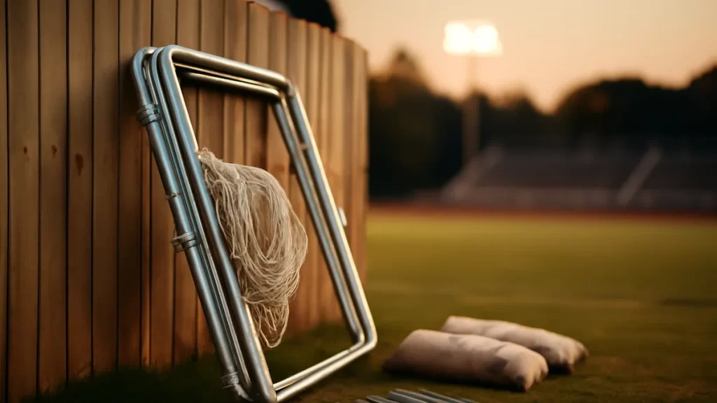 Portable goals and nets: a practical buying guide Folded portable goal, coiled net, sandbags and stakes by pitch