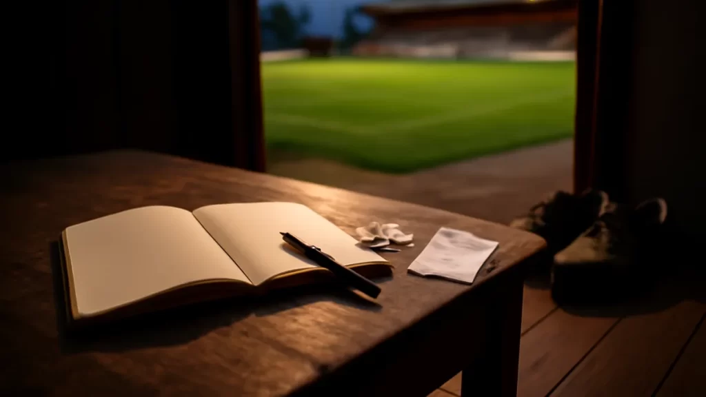 Practical guide to club fundraising and sponsorship Open notebook and coins on table, floodlit pitch visible through doorway