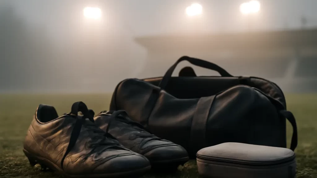 Practical guide to travel insurance for a sports trip Muddy football boots, duffel bag and first-aid kit on damp pitch