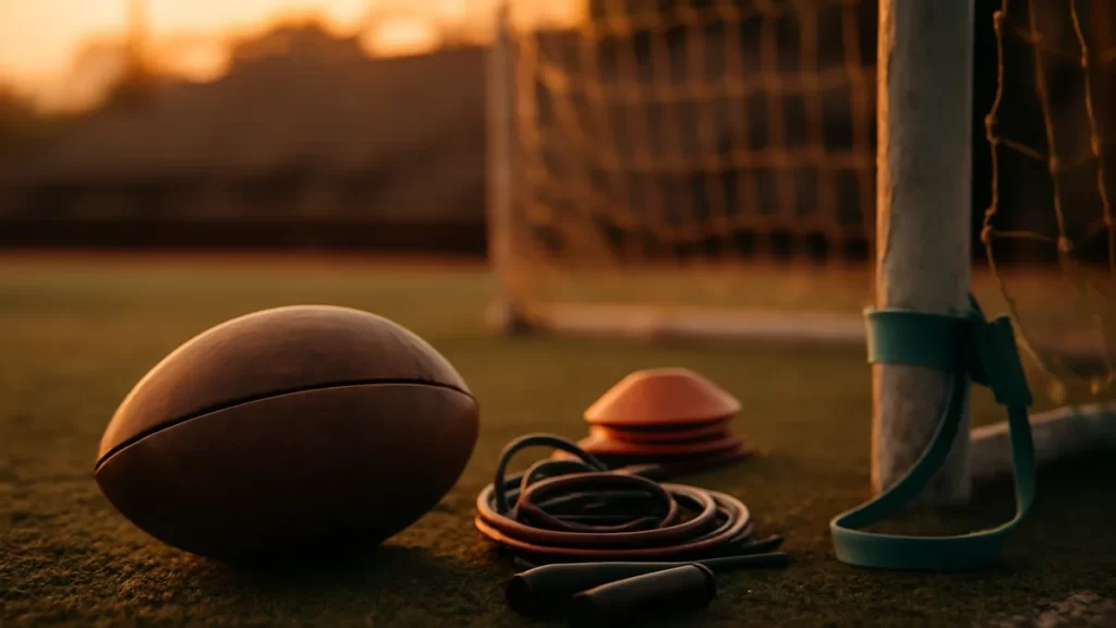 Practical home football training equipment on a small budget Football on turf with cones, jump rope, bands and blurred goalpost.
